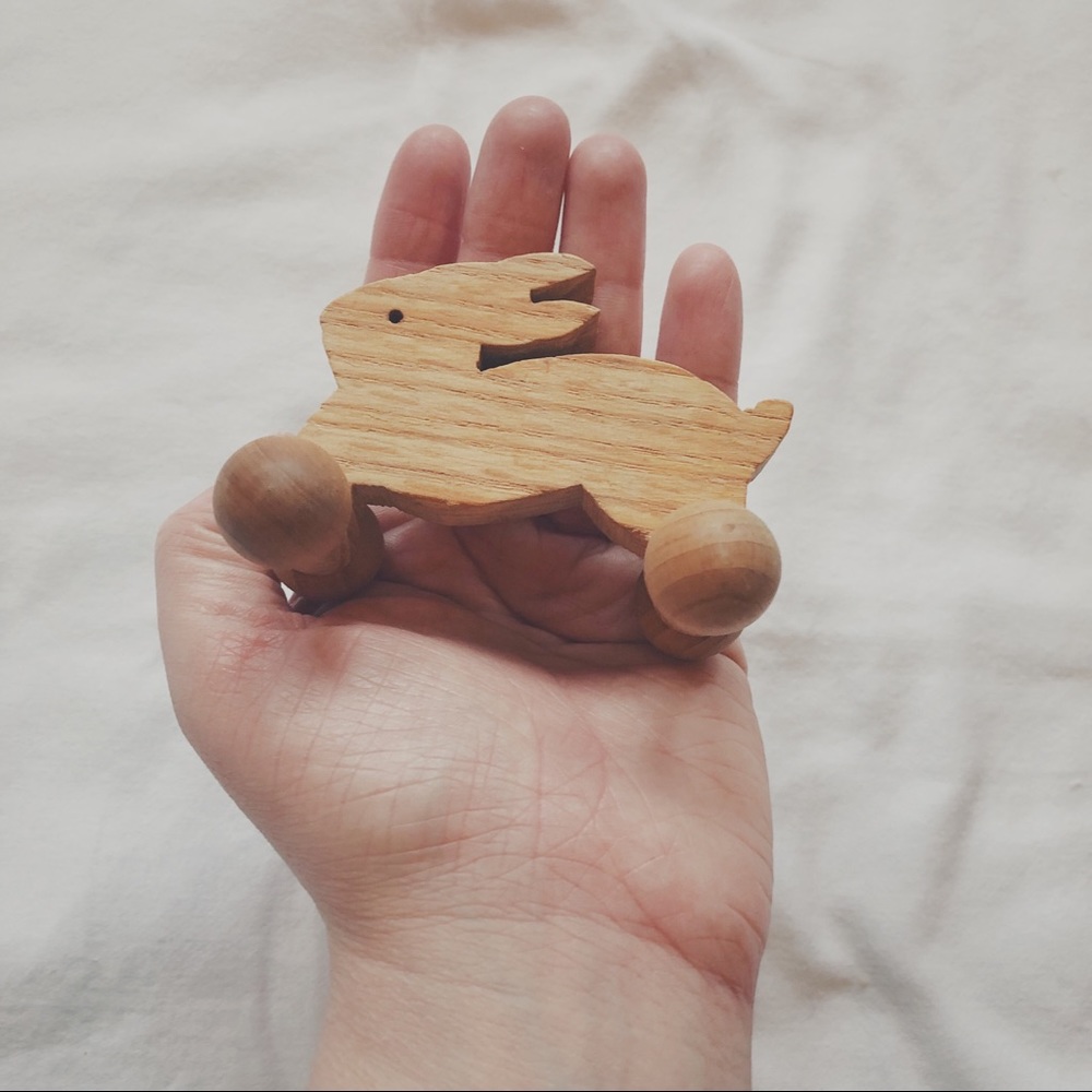 Organic Wooden Wheeled Rabbit Baby Toddler Toy